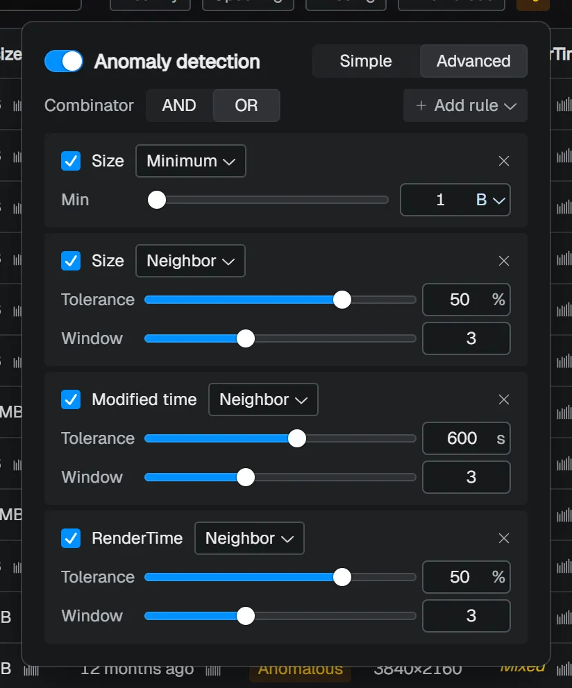 Anomaly detection settings popover (Advanced mode)