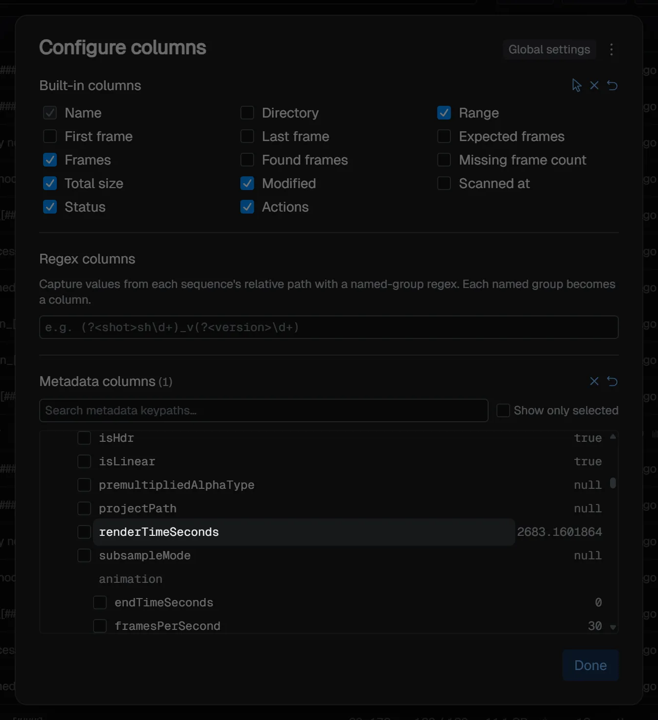 Configure columns dialog - adding a keypath as a custom column