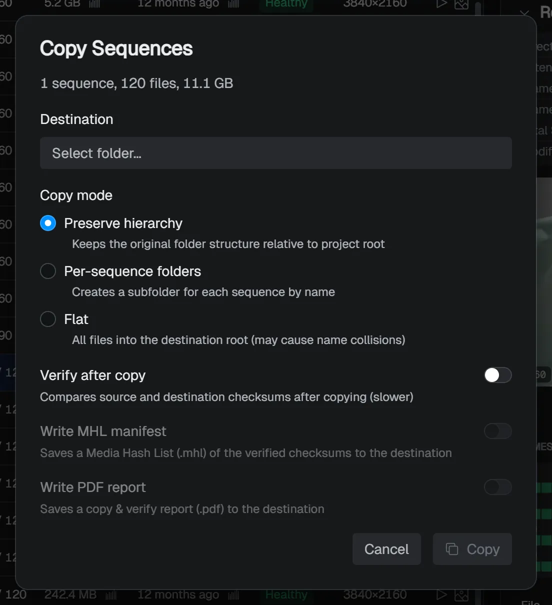Copy dialog - choosing the destination and copy mode