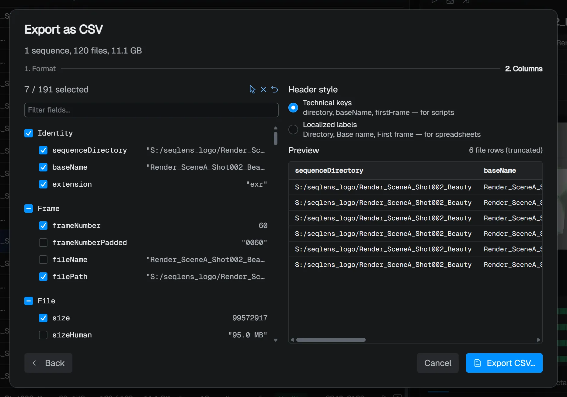 CSV export - the Columns step with a sample row preview