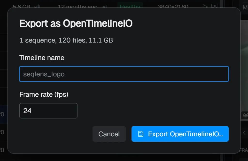 OpenTimelineIO export dialog