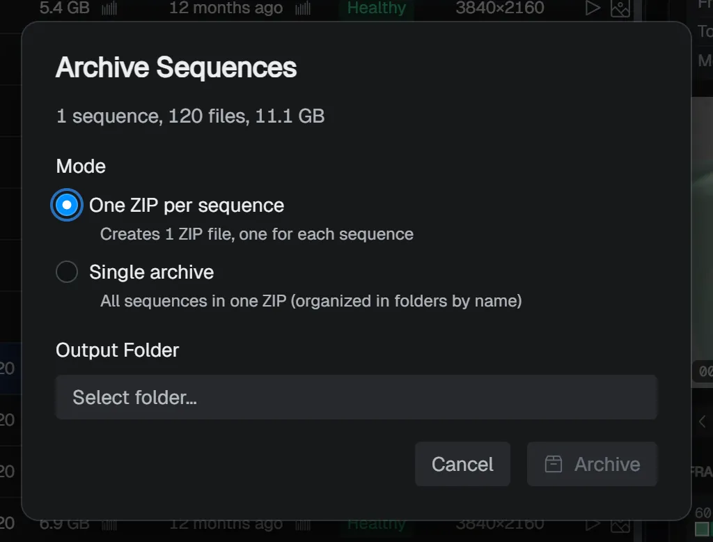 ZIP export dialog