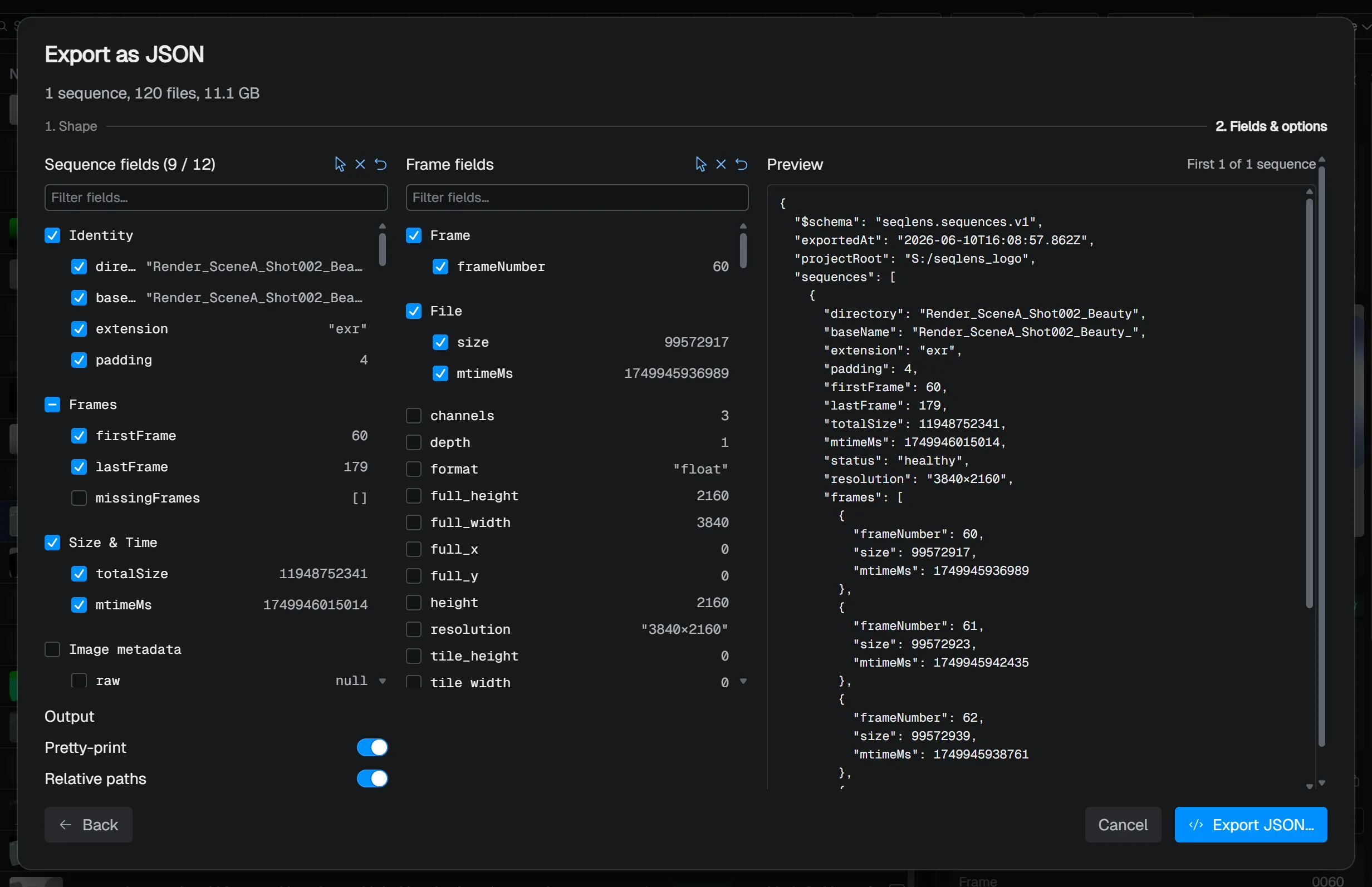 JSON export - the Fields step with a JSON preview
