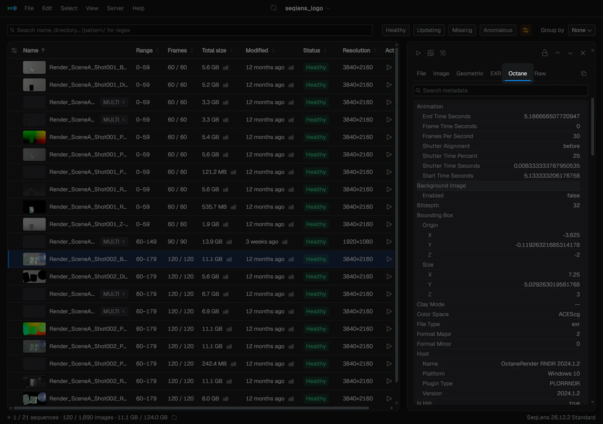 Tab bar and a renderer-specific metadata tab (Octane)