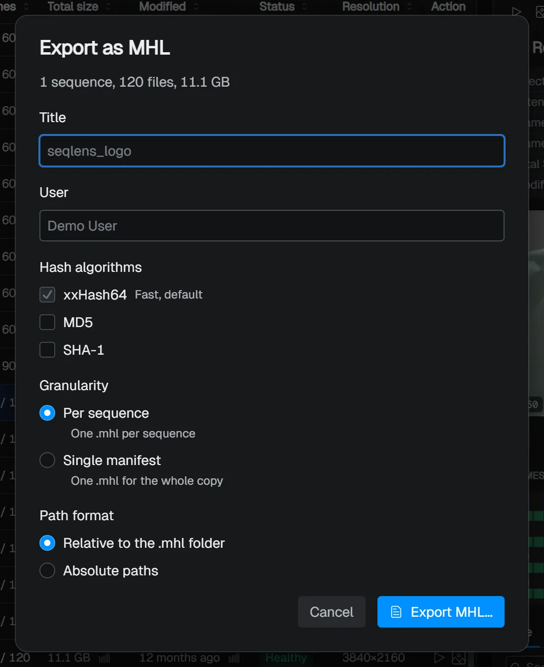 Export as MHL dialog