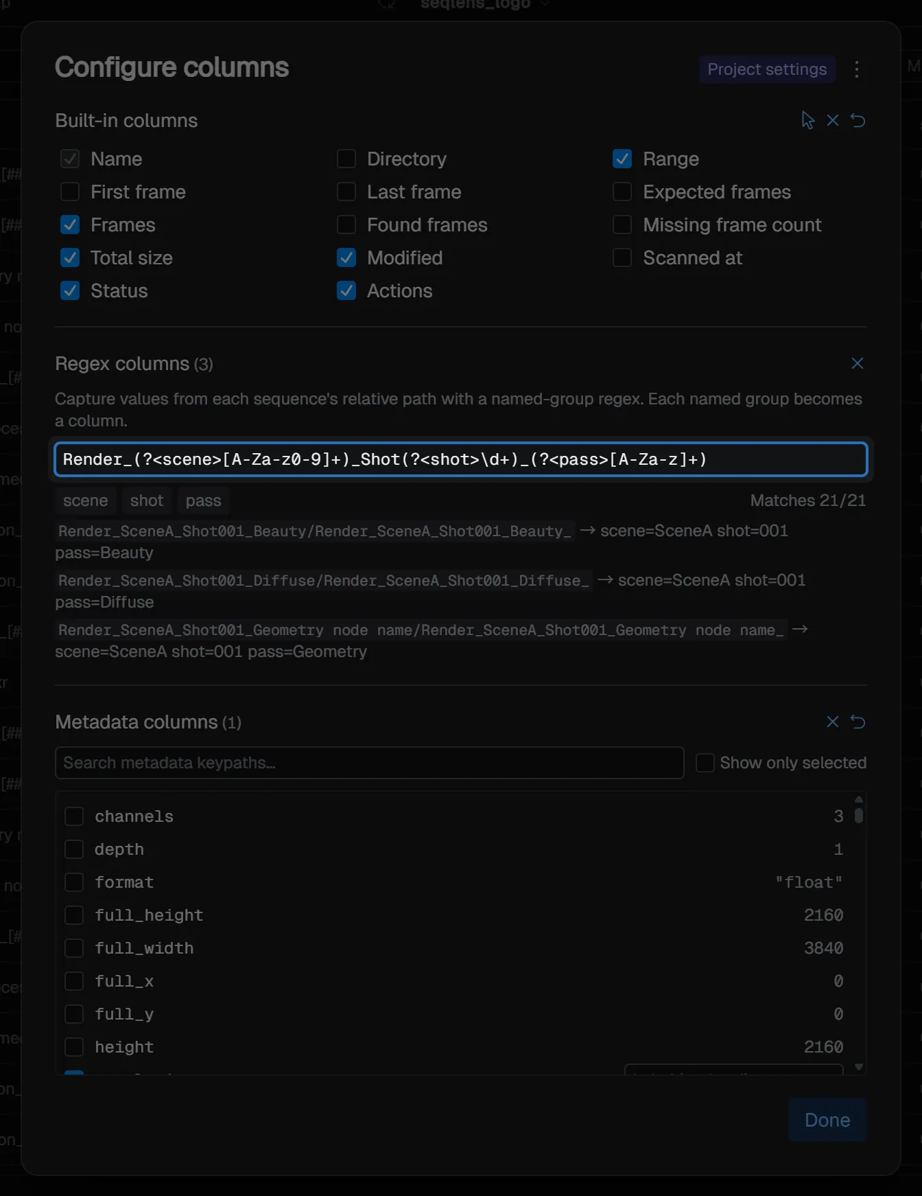 Configure columns - Regex columns section