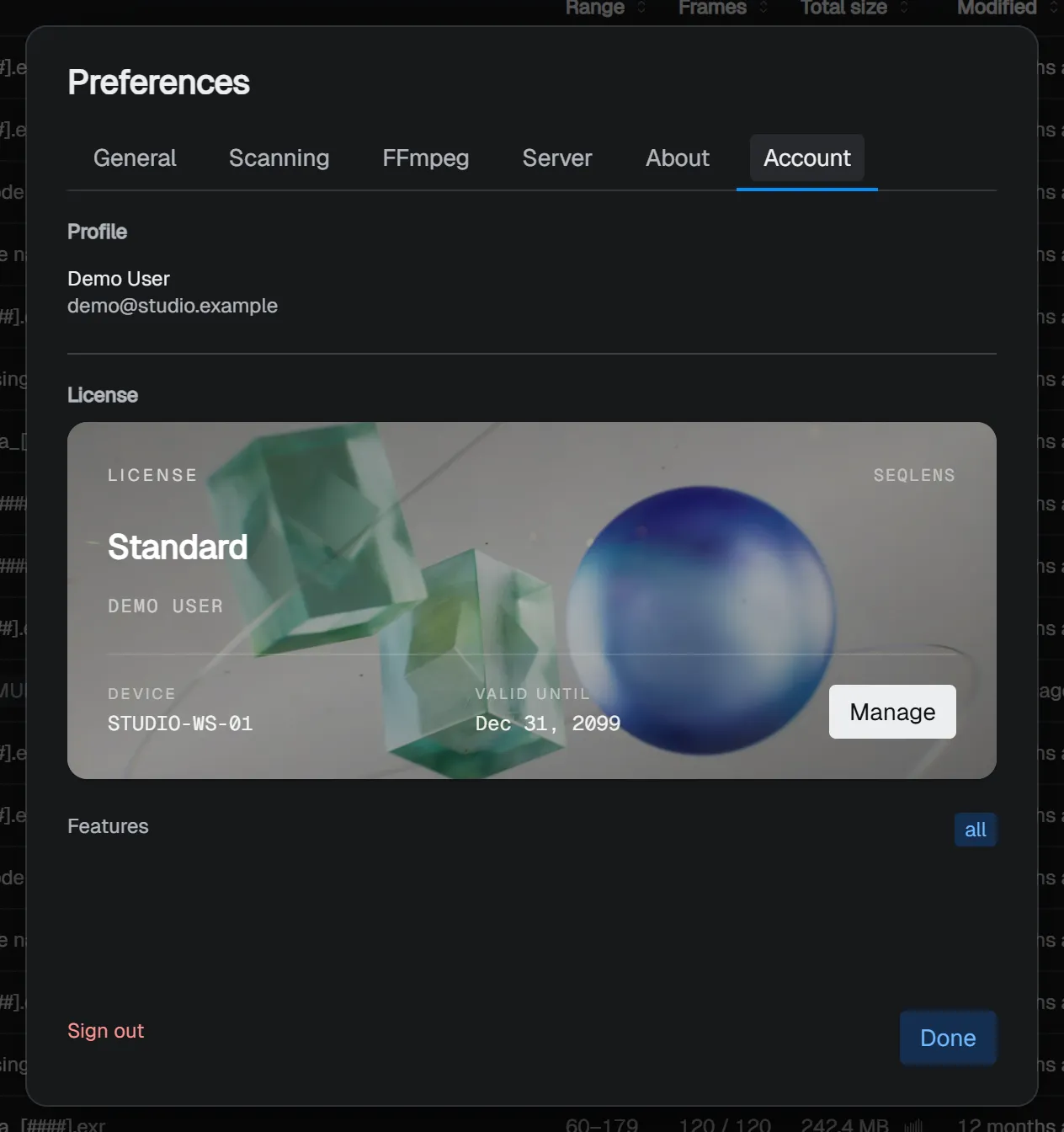 Account tab - profile and license status