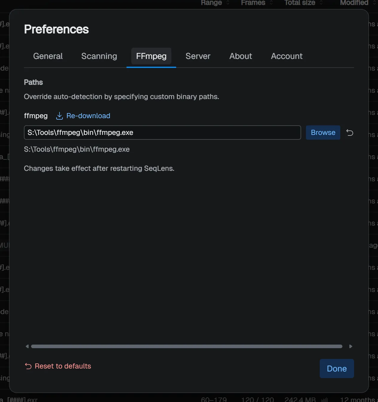 FFmpeg tab - binary path selection and download