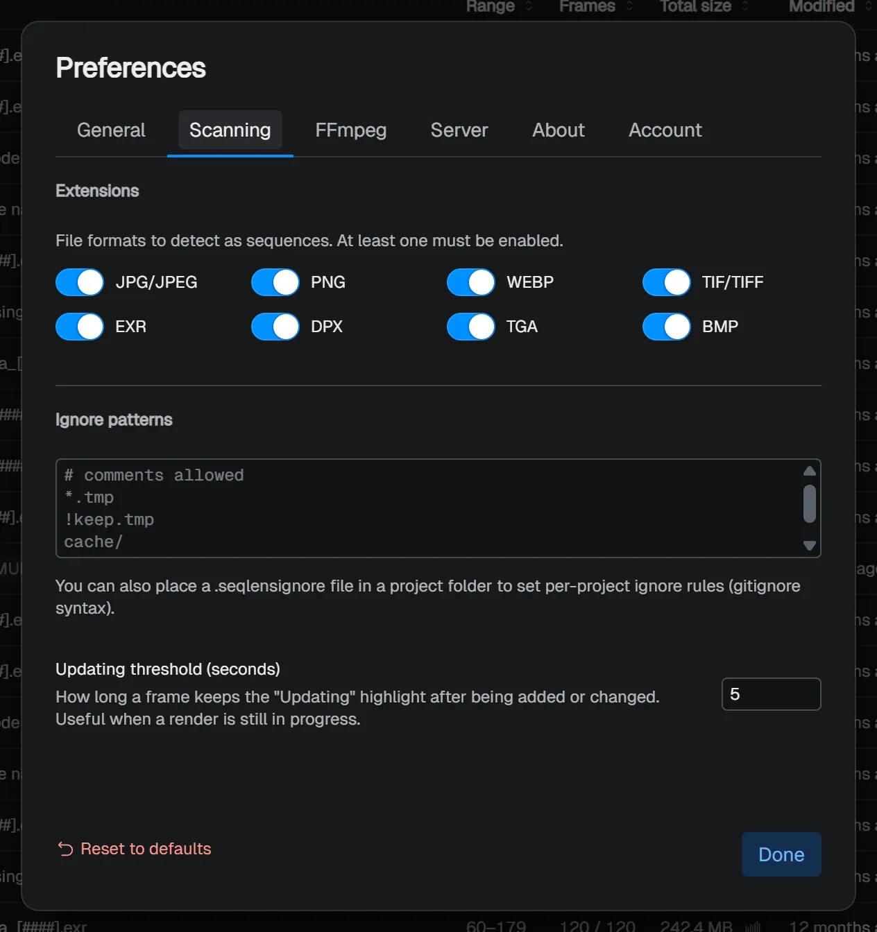 Scanning tab - extensions, ignore patterns, and the Updating threshold