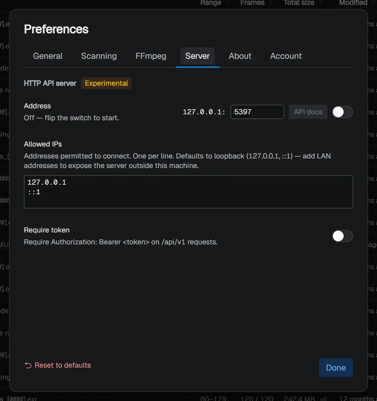 Server tab - HTTP API server settings
