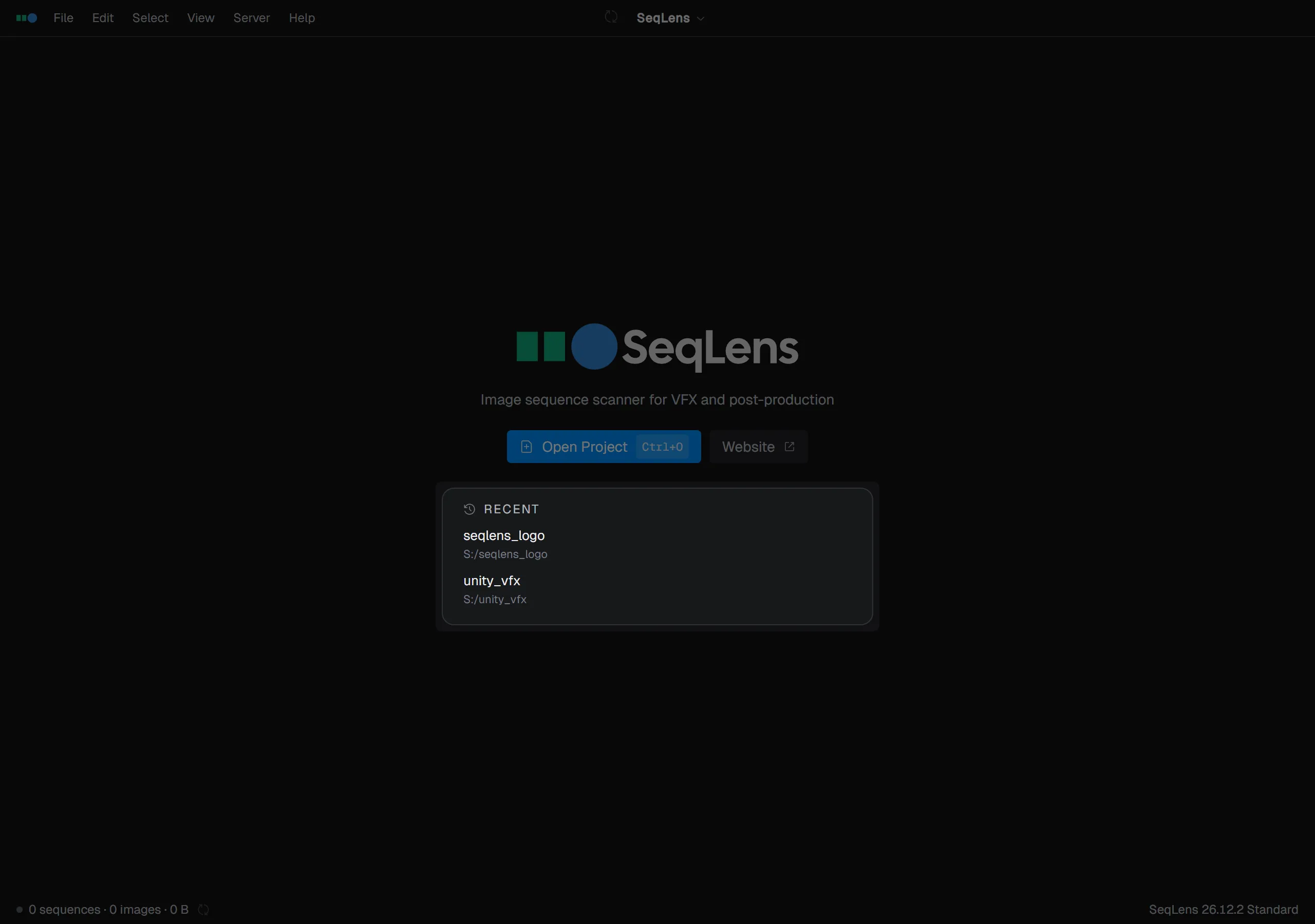 Welcome screen — recent project list